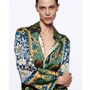 ZARA Spring New Women's Sweet Vintage Long Sleeve Print Drape Shirt